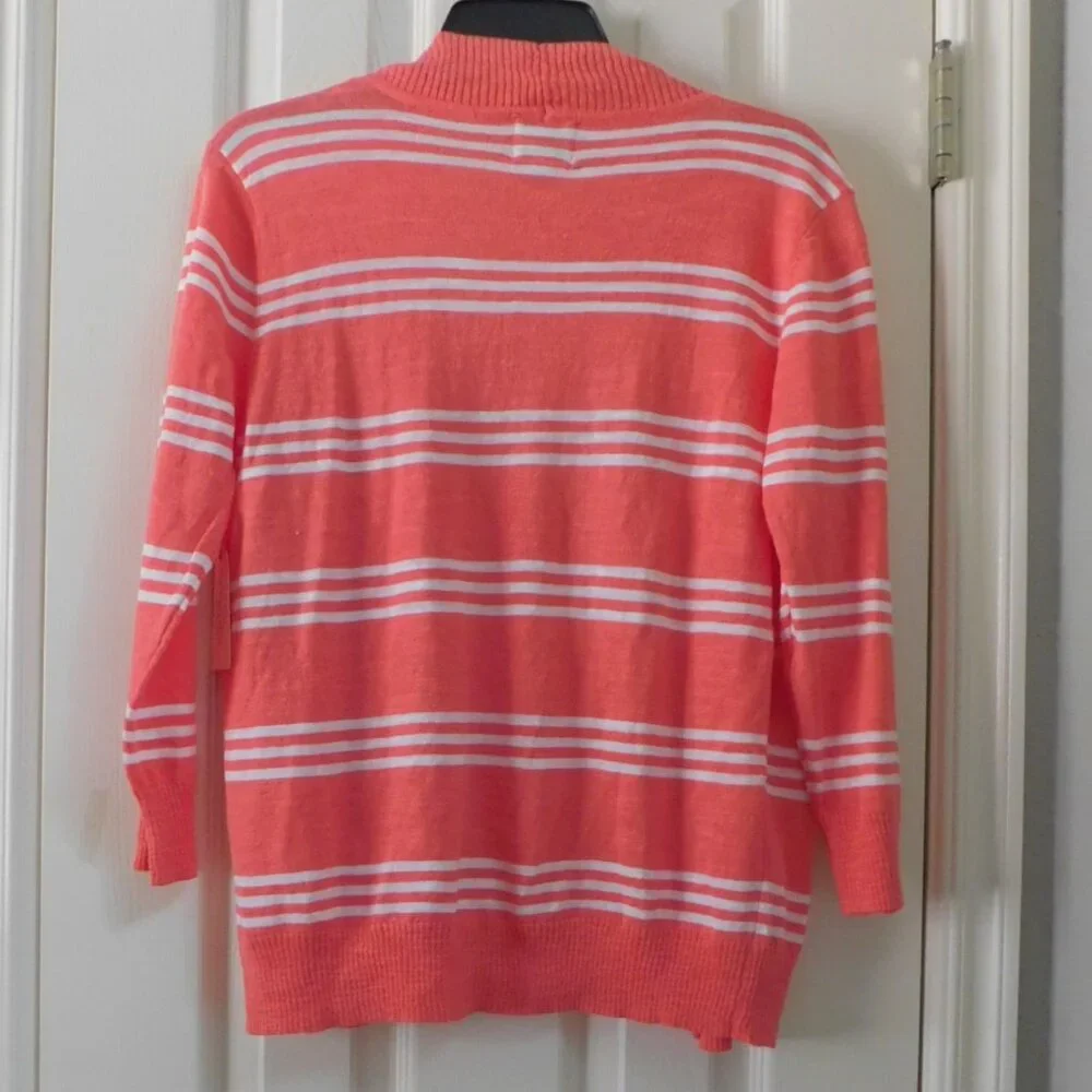 ST. JOHN’S BAY Womens Striped Open Front Cardigan Sweater 3/4 Sleeve Large